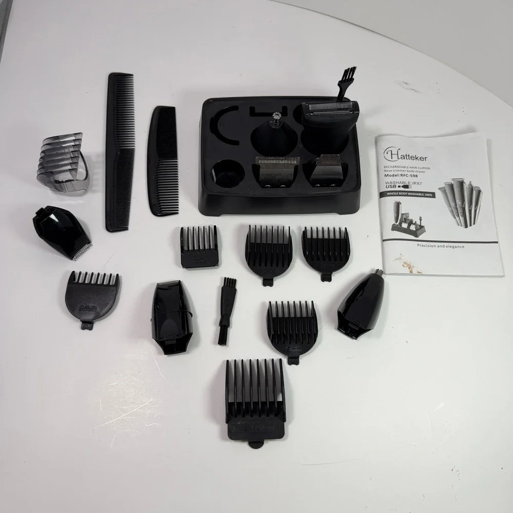 Hatteker RFC-598 Hair Clipper Grooming Kit Attachments Base Manual IPX7 Black
